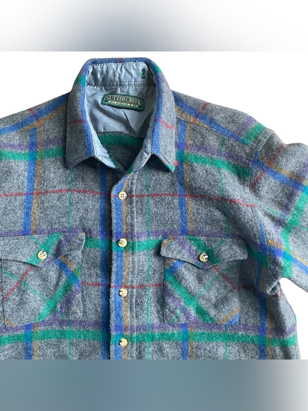 Sutter Creek Levis Wool Shirt Plaid Button Up Windowpane Gray Vintage Men Large